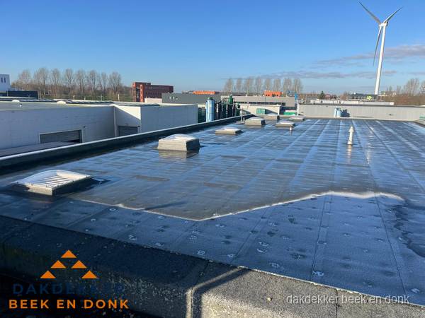 Plat dak bedrijfspand met bitumen dakbedekking en lichtkoepels in Beek en Donk